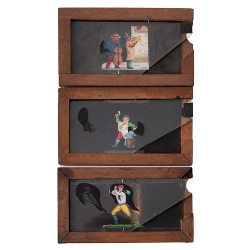 270 - Three single slip magic lantern slides relating to tradesmen. Comprising 'The Lumberjack' stamped Ne... 