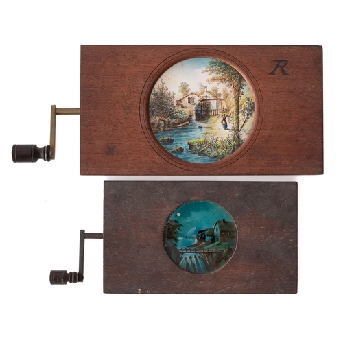 274 - A Carpenter and Westley hand painted magic lantern slide. Having a rack and pinion mechanism showing... 