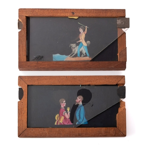 275 - Two double slip magic lantern slides. Hand painted comprising a man throwing a stick for his dog and... 