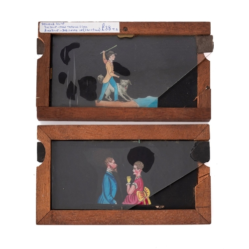 275 - Two double slip magic lantern slides. Hand painted comprising a man throwing a stick for his dog and... 