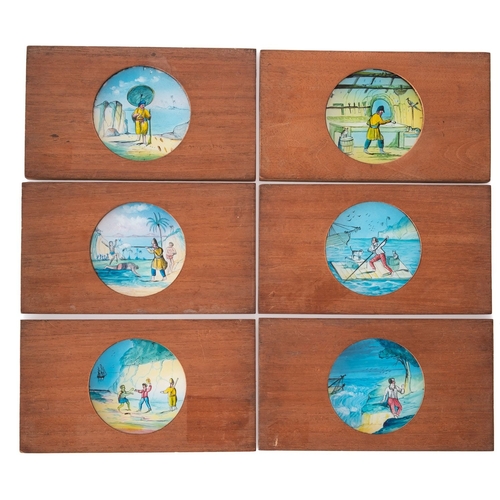 279 - A set of six Robinson Crusoe related magic lantern slides. Hand painted showing the characters in di... 