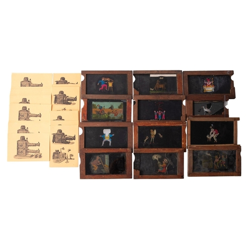 287 - A mixed collection of magic lantern slides. Comprising photographs, lithographs and hand painted exa... 