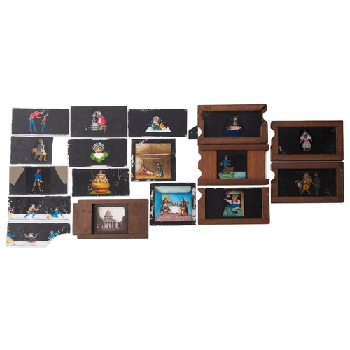 287 - A mixed collection of magic lantern slides. Comprising photographs, lithographs and hand painted exa... 