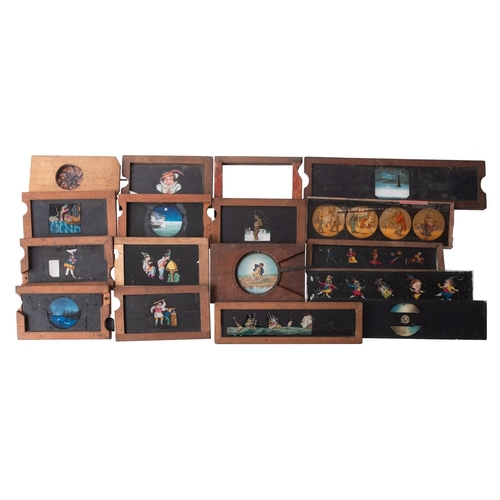 288 - A mixed collection of magic lantern slides. Comprising diapositives, mahogany cased and single slip ... 