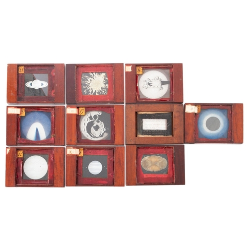 289 - A collection of astronomy related magic lantern slides. Hand painted examples showing planets, stars... 