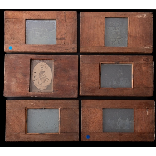 293 - A collection of photographic magic lantern slides. In mahogany cases images include portraits and ch... 