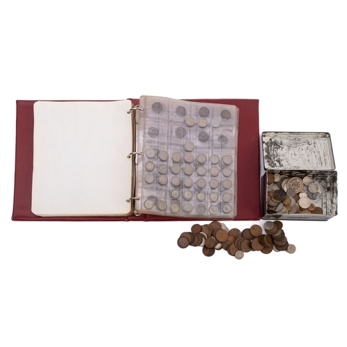 669 - A collection of coins in an album and tin, including pre decimal and decimal with some world coinage... 