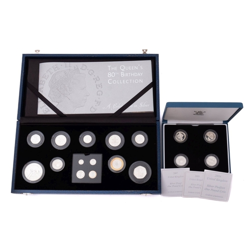 674 - A Royal Mint Piedfort £1 silver bridges set , with the Queens 80th birthday silver set, including ma... 