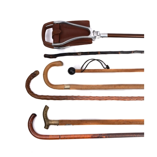 74 - A Gamebird brown leather shooting stick, together with a group of five various walking sticks. (6)