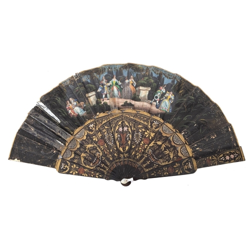 747 - A 19th century Italian black laquer and paper hand painted fan. Scenes to both sides one showing mal... 