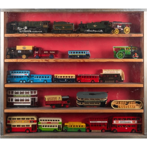 813 - A collection of diecast vehicles in three display cabinets. Comprising Corgi, Matchbox and Lledo lor... 