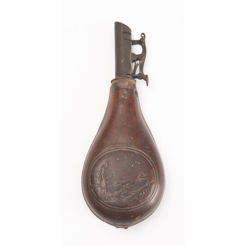 82 - A late 19th/ early 20th century leather and brass powder flask, with embossed hunting scene and leve... 