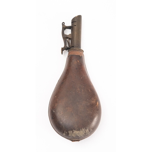 82 - A late 19th/ early 20th century leather and brass powder flask, with embossed hunting scene and leve... 