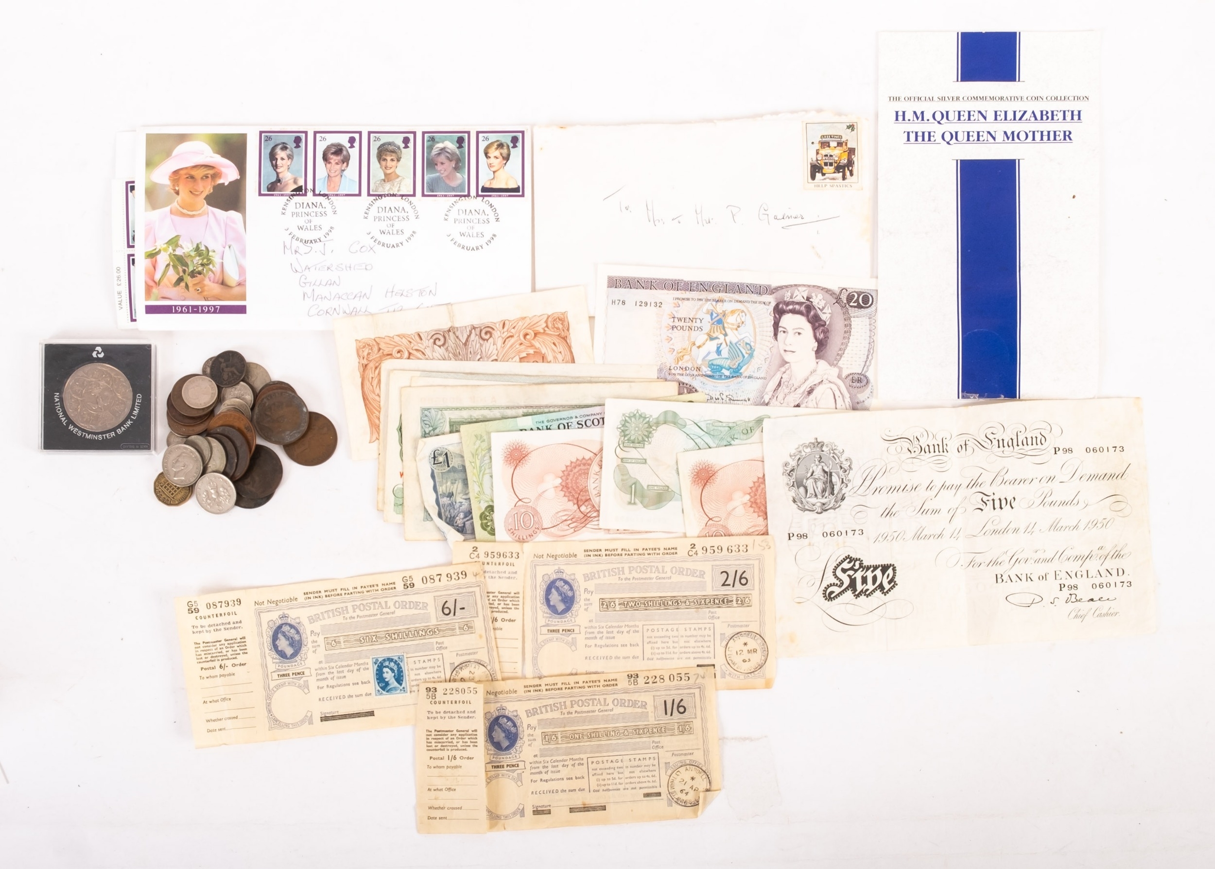 Collection of coins and banknotes including Beale white, £5 note ...