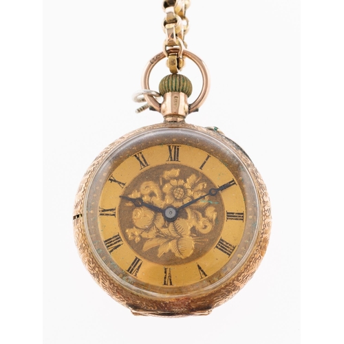 332 - A  lady's 9K gold open-faced pocket watch the gold dial with matted and engraved centre, black Roman... 