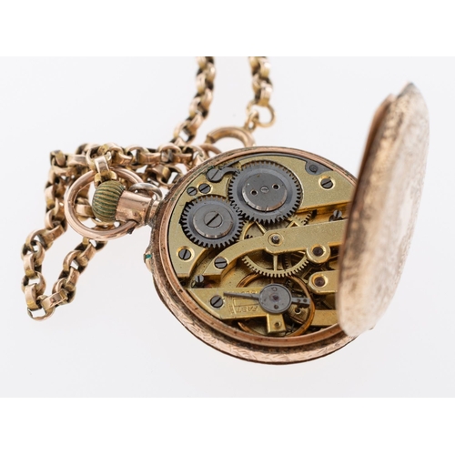 332 - A  lady's 9K gold open-faced pocket watch the gold dial with matted and engraved centre, black Roman... 
