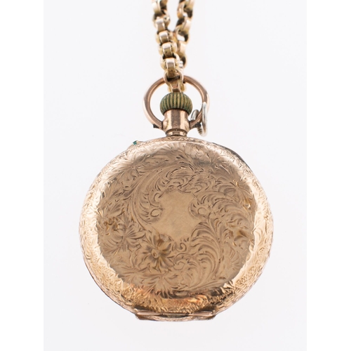332 - A  lady's 9K gold open-faced pocket watch the gold dial with matted and engraved centre, black Roman... 