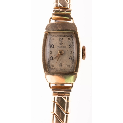 378 - Roldor, a 9K gold lady's wristwatch the silvered cushion dial having Arabic numerals, gold hands and... 