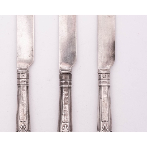 85 - Three pairs of Victorian silver dessert knives & forks, King's pattern (loaded handles), all but one... 