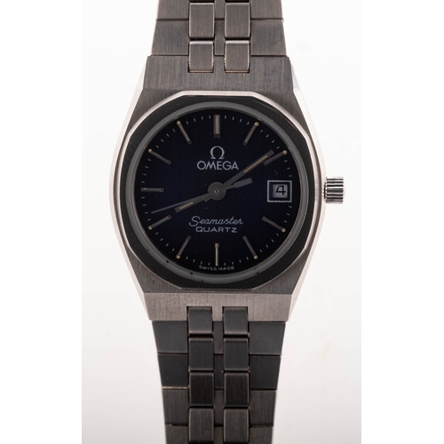 349 - Omega Seamaster, a lady's stainless-steel wristwatch the round grey pin-stripe dial having raised ba... 