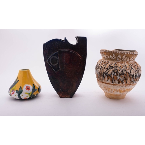 Three pieces of studio pottery, comprising a Shaun Hall slab built vase ...