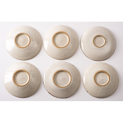 18 - *Dame Lucie Rie DBE [1902-1995] six stone ware saucers with off white glaze and manganese rims, 14cm... 
