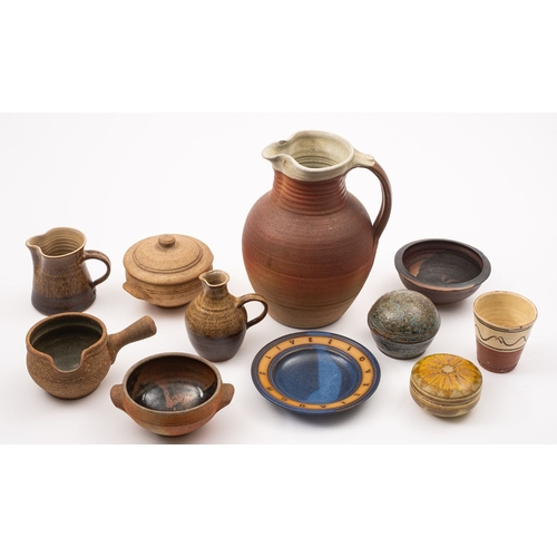 5 - A mixed group of stoneware comprising a large Ray Finch jug, impressed personal seal [chipped], thre... 