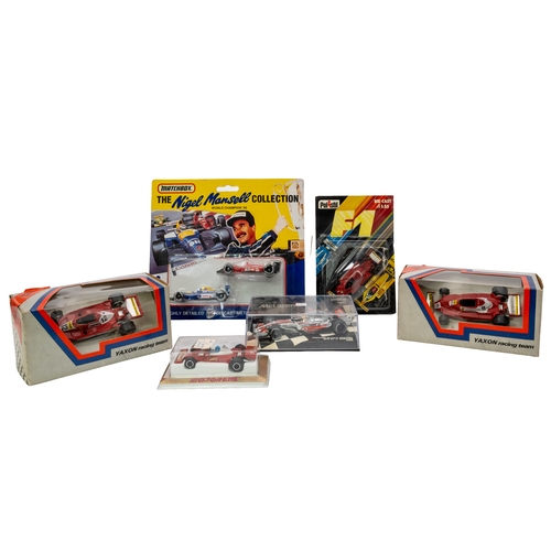 625 - Yaxon and others. A boxed group of various Formula One cars, two Ferrari 312 T2, Minichamps Vodaphon... 