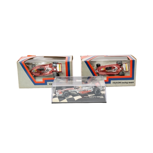 625 - Yaxon and others. A boxed group of various Formula One cars, two Ferrari 312 T2, Minichamps Vodaphon... 