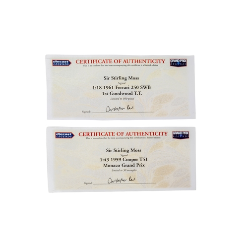 643 - Hotwheels 1/18th scale  Ferrari 250 GT SWB 1st Goodwood Tourist Trophy signed by Stirling Moss, toge... 