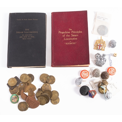 678 - A collection of BR and other token and pay checks, together with an LNER cap badge, a BR cap badge, ... 
