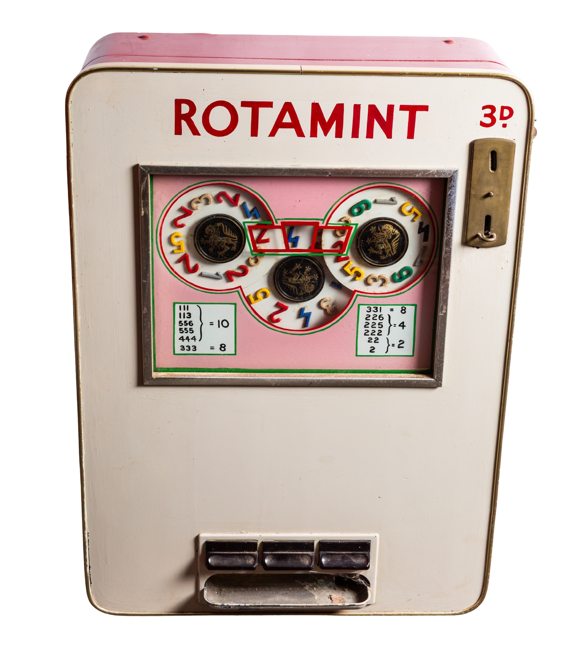 A mid 20th century German 'Rotamint' wall mounted slot machine, with ...