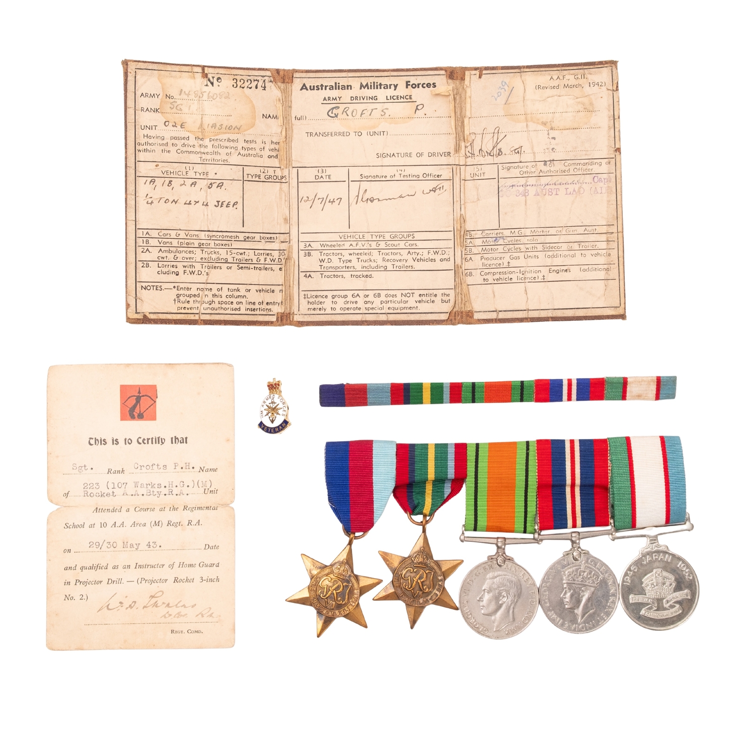 A WWII group of five to ' 14856082 Sgt P H Crofts 223 (107 Warks HG ...