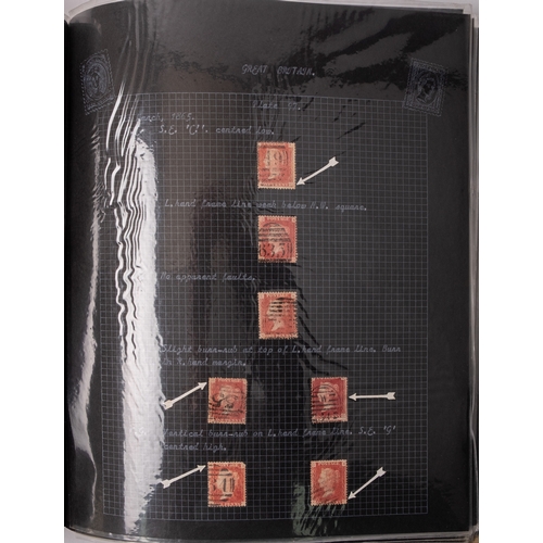 176 - Great Britain. A specialised collection of 1d red J Flaws and others, written up. Requires viewing.