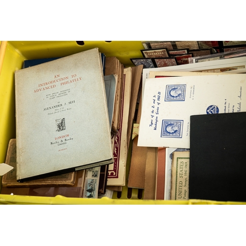 179 - Literature. A large storage box of Philatelic Reference books, Auction catalogues, Photographic Plat... 