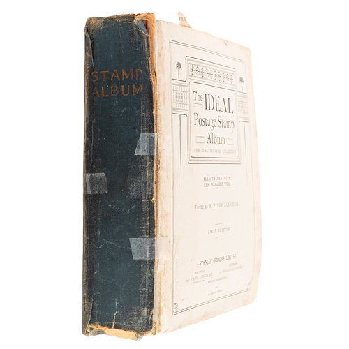 32 - World. World stamps in an old ''Ideal'' postage stamp album (front cover missing), partly remaindere... 