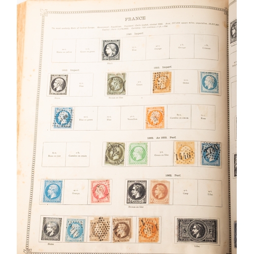 32 - World. World stamps in an old ''Ideal'' postage stamp album (front cover missing), partly remaindere... 