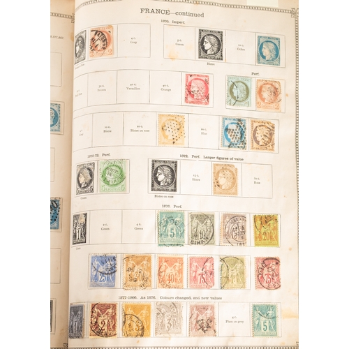 32 - World. World stamps in an old ''Ideal'' postage stamp album (front cover missing), partly remaindere... 