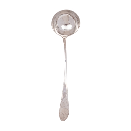 123 - A George III Scottish Celtic Point soup ladle, by David Marshall, Edinburgh 1786; 14.5'' (36.8cm) lo... 