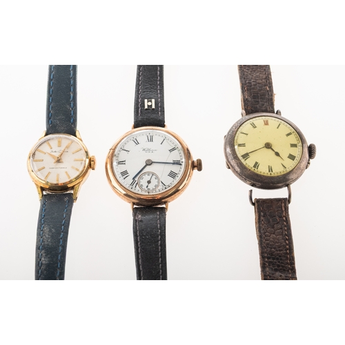 410 - Waltham a 9K gold wristwatch and two others the white enamel dial having black Roman numerals, blued... 