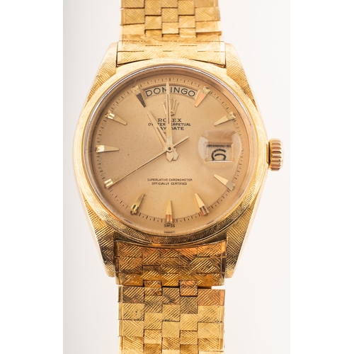 474 - Rolex Oyster Perpetual Florentine gentleman's 18K gold day/date wristwatch the dial having baton num... 
