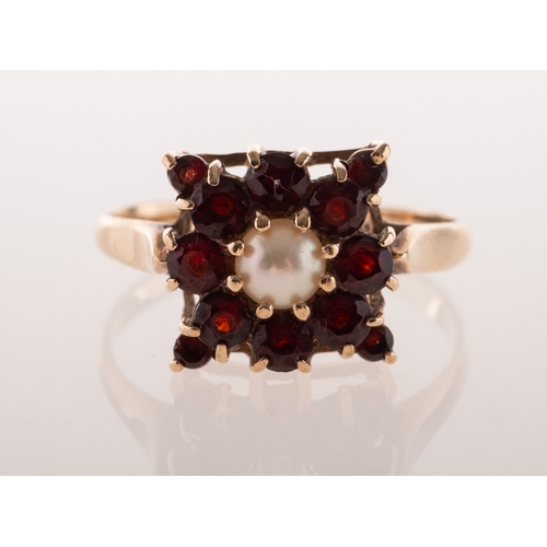 827 - A vintage 9ct gold garnet and pearl cluster, of square form, claw set to the centre with a cultured ... 
