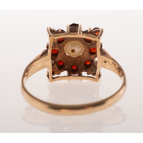 827 - A vintage 9ct gold garnet and pearl cluster, of square form, claw set to the centre with a cultured ... 