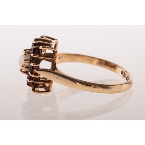 827 - A vintage 9ct gold garnet and pearl cluster, of square form, claw set to the centre with a cultured ... 