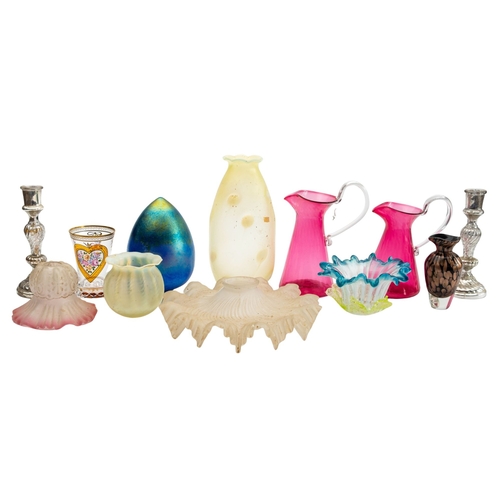 A mixed group of coloured glass including vaseline glass shades ...