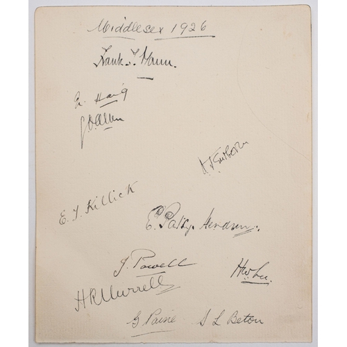 CRICKET. Middlesex, 1926, autograph sheet signed by Frank Mann, Patsy ...