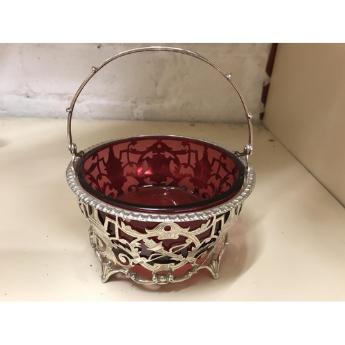 162 - Hall Marked Silver Ornate basket with Cranberry liner by Goldsmiths & Silversmiths, London 1923