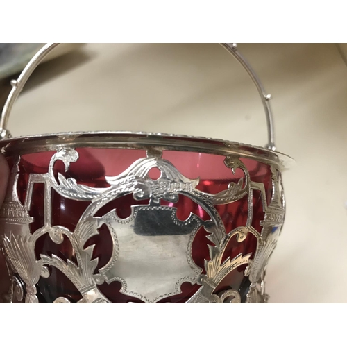 162 - Hall Marked Silver Ornate basket with Cranberry liner by Goldsmiths & Silversmiths, London 1923