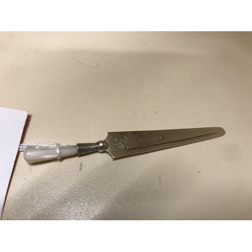 148 - Hall Marked Silver & MOP handled bookmark, 3.5
