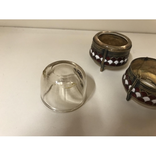 133 - Pair Russian Silver & enamel salts, one liner a/f